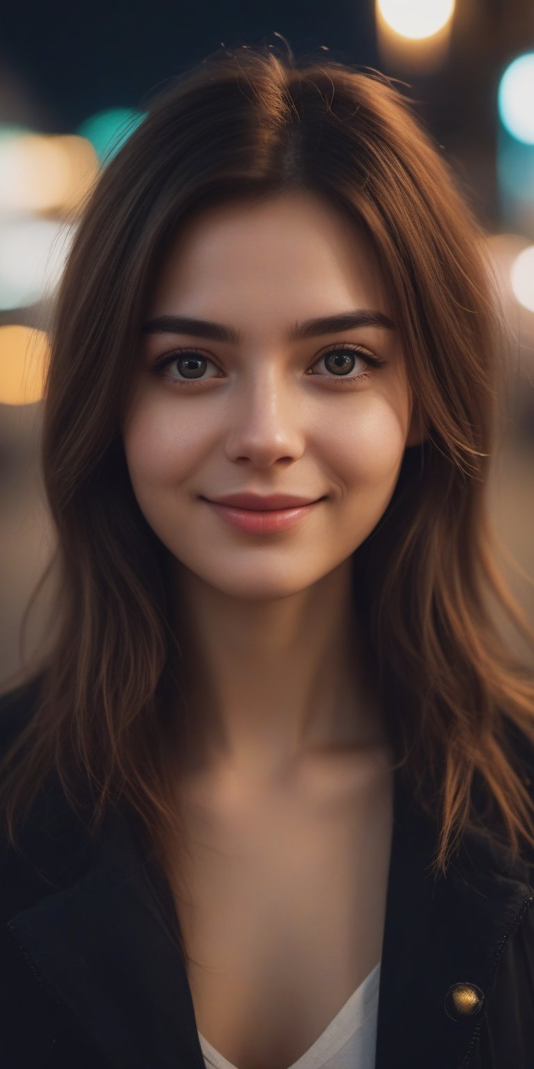 1 girl, aesthetic portrait, medium hair, detailed beautiful eyes, little smile, bokeh, depth of field, nightstreet, Photo Realistic, Extremely Realistic, cinematic lighting, 