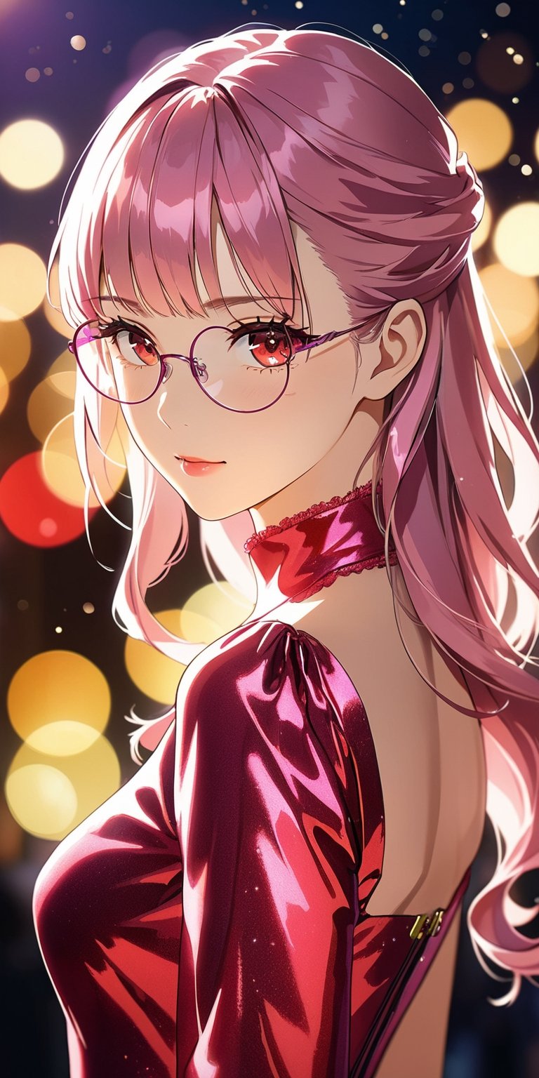 //Quality, Masterpiece, Top Quality, Official Art, Aesthetic and Beautiful, 16K, highest definition, high resolution, 
//Person, (1girl, solo), portrait, beautiful red eyes, beautiful skin, shyly face, anime character, 
//Others, wear pink dress, purple glasses, sexy outfit, (Bokeh, Sharp Focus), view from side, cinematic lighting, looking at viewer, 