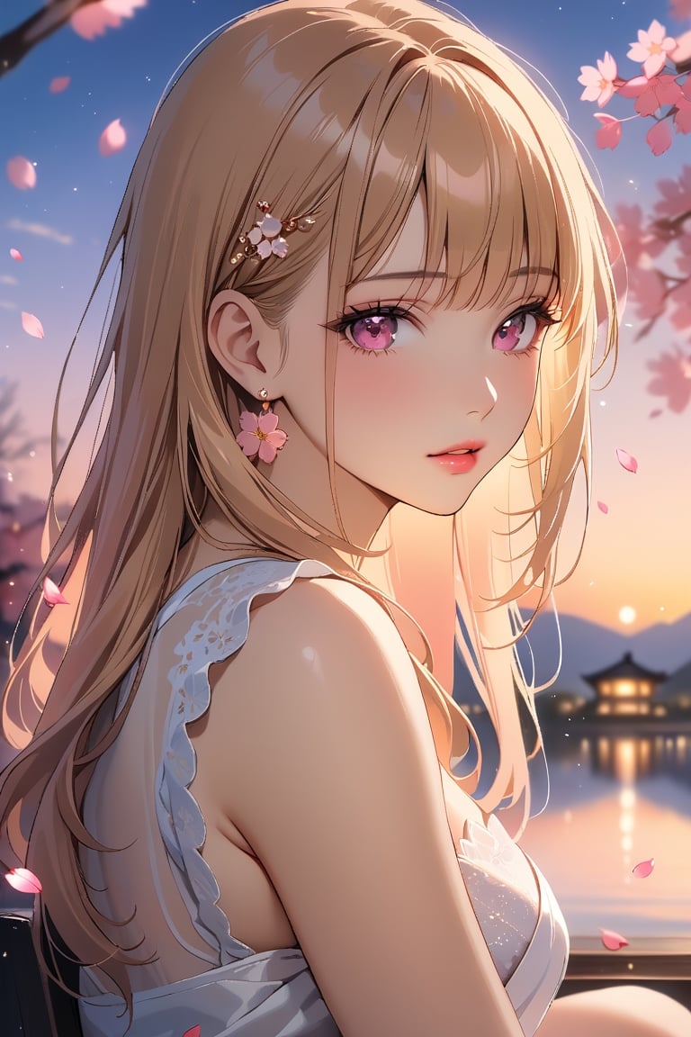 1girl, solo, ((sitting)), long hair, looking at viewer, blush, bangs, hair ornament, jewelry, pink eyes, himecut, blonde straight hair, earrings, parted lips, blurry, lips, ((evening)), eyelashes, portrait, light particles, ((masterpiece)), excellent quality, high resolution, light particles, landscape in background, ((sakura petals in air:1.4)), full body shot,