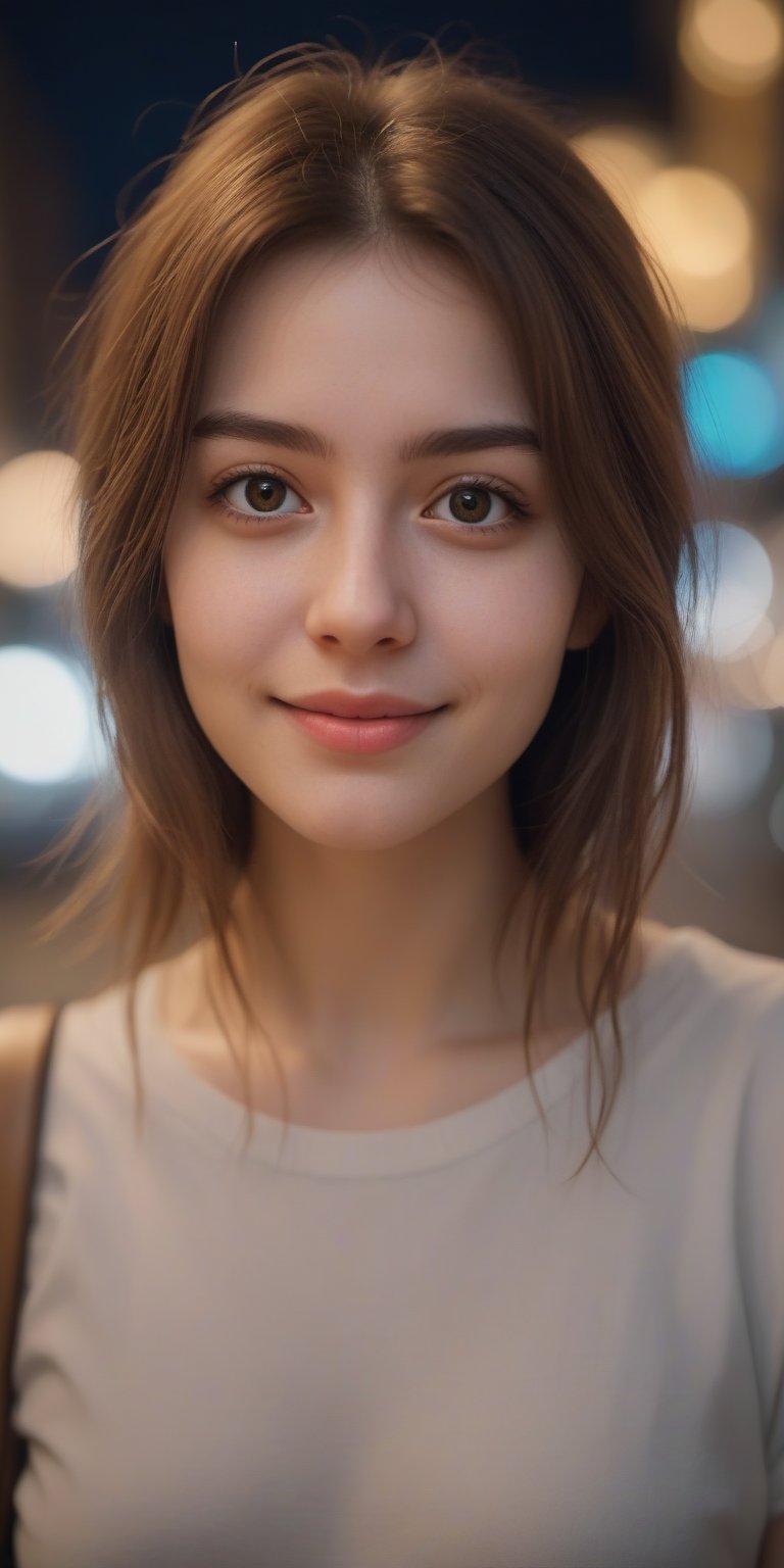 1 girl, aesthetic portrait, medium hair, detailed beautiful eyes, little smile, bokeh, depth of field, nightstreet, Photo Realistic, Extremely Realistic, cinematic lighting, 