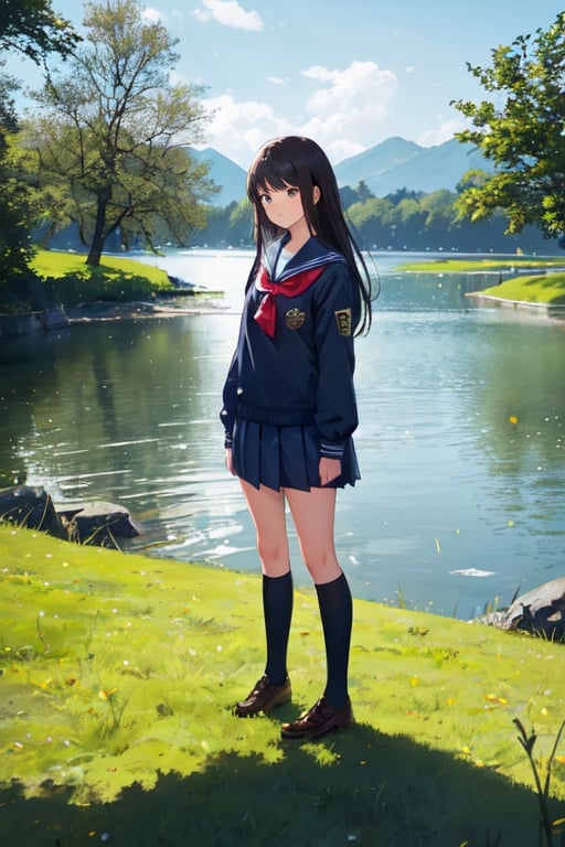 1girl, shool uniform, standing, grass, lake, nature, masterpiece, best quality, very aesthetic, absurdres