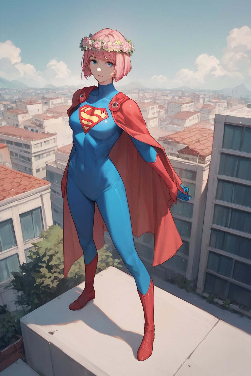 score_9, score_8_up, score_7_up, score_6_up, score_5_up, score_4_up, BREAK source_anime, 1girl, looking at viewer, bob cut, pink hair, Flower Crown, blue eyes, superhero costume, standing, Rooftop