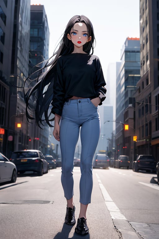 masterpiece, best quality, 1girl, black hair, long hair, forehead, blue eyes, shirt, pants, shoes, standing, outside, city