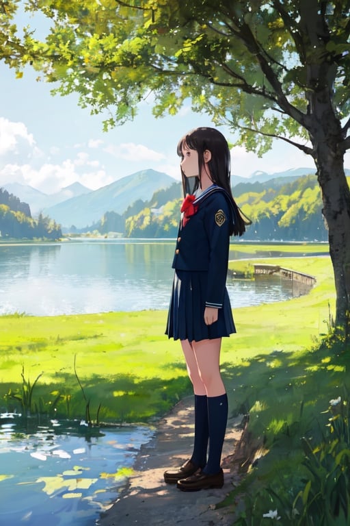 1girl, shool uniform, standing, grass, lake, nature, masterpiece, best quality, very aesthetic, absurdres