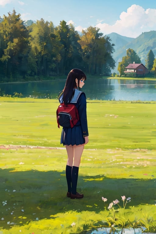 1girl, shool uniform, standing, grass, lake, nature, masterpiece, best quality, very aesthetic, absurdres