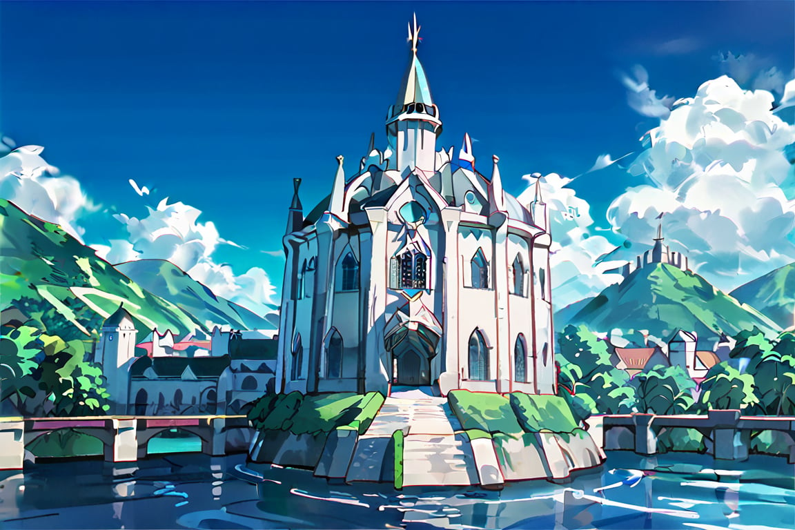 (score_9,score_8_up,score_7_up), anime screencap, oshi_no_ko_style, castle, architecture, island, water, sky,sharp lines,GRNY