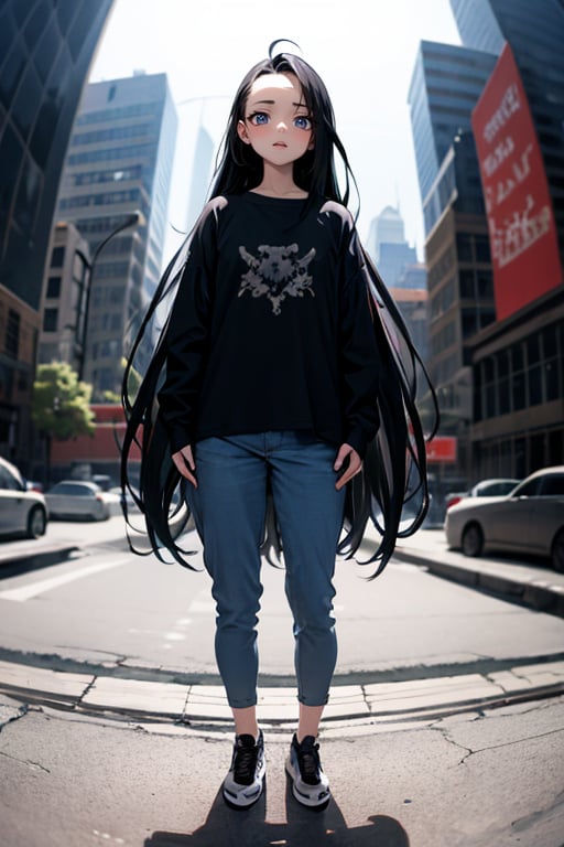 masterpiece, best quality, 1girl, black hair, long hair, straight hair, forehead, blue eyes, shirt, pants, shoes, standing, outside, [fisheye lens:: 1]