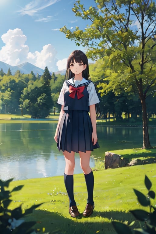 1girl, shool uniform, standing, grass, lake, nature, masterpiece, best quality, very aesthetic, absurdres