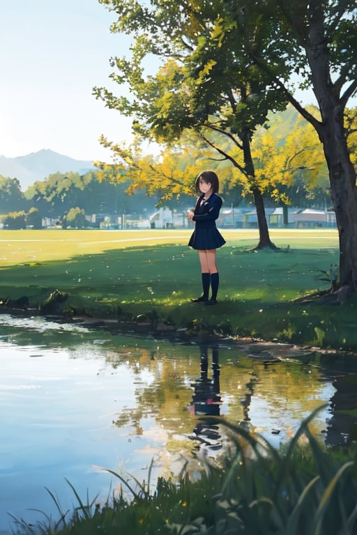 1girl, shool uniform, standing, grass, lake, nature, masterpiece, best quality, very aesthetic, absurdres