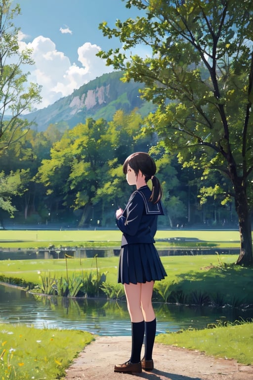 1girl, shool uniform, standing, grass, lake, nature, masterpiece, best quality, very aesthetic, absurdres