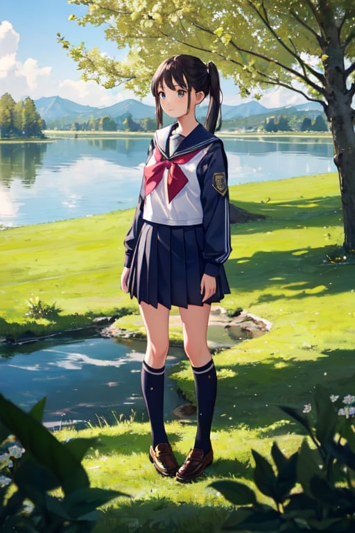 1girl, shool uniform, standing, grass, lake, nature, masterpiece, best quality, very aesthetic, absurdres