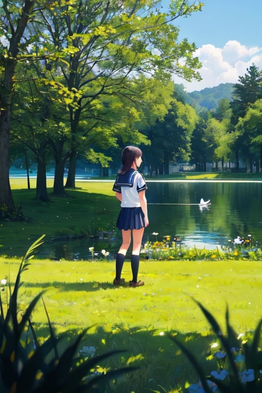 1girl, shool uniform, standing, grass, lake, nature, masterpiece, best quality, very aesthetic, absurdres