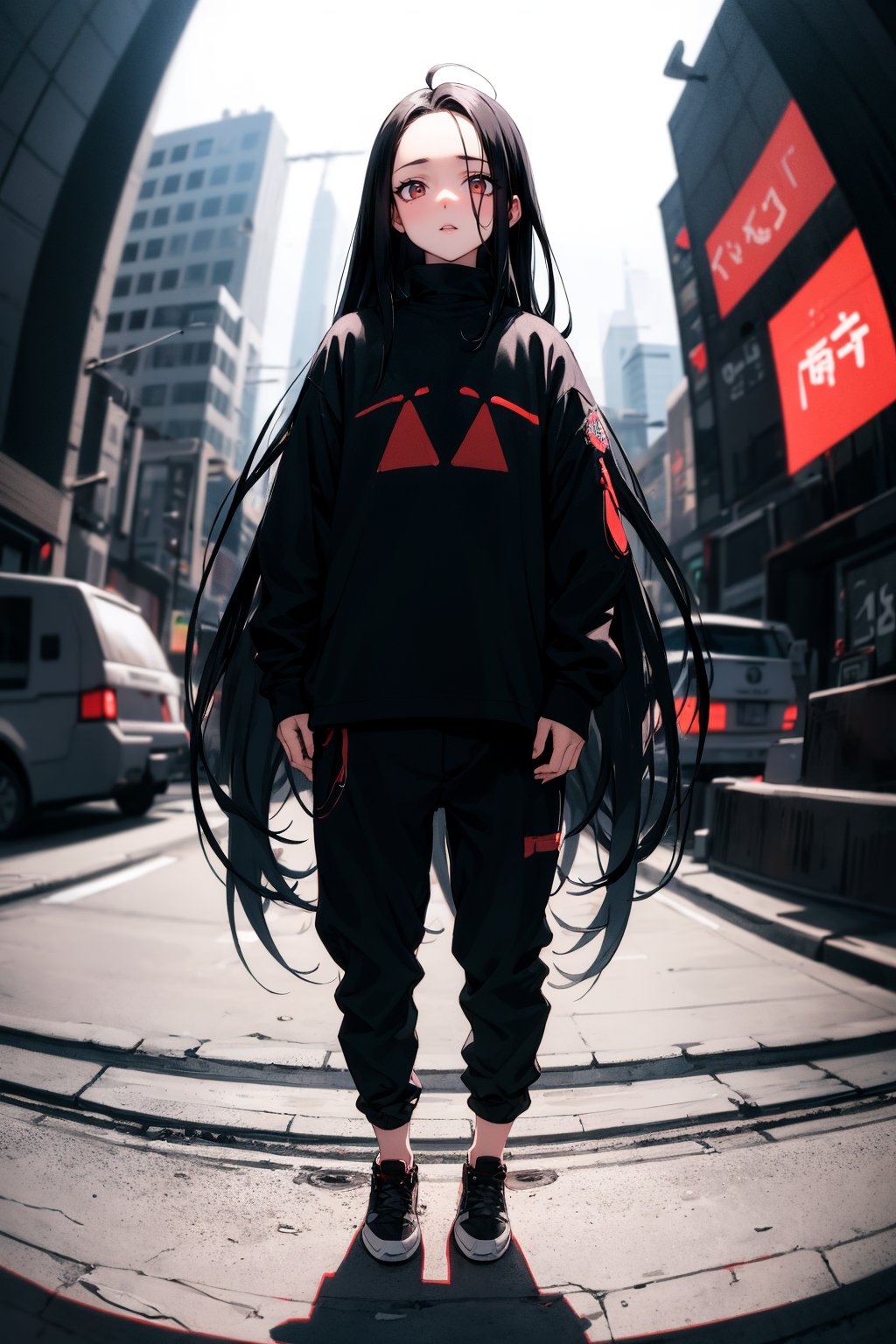 masterpiece, best quality, 1girl, red eyes, black hair, long hair, straight hair, forehead, , pants, shoes, standing, outside, [fisheye lens:: 1]