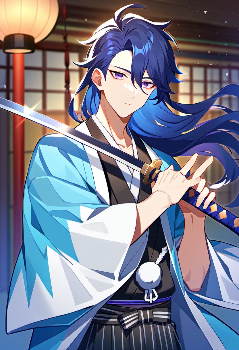 1boy, male focus, bishounen, holding sword, holding weapon, katana, sword, japanese clothes, haori, east asian architecture, solo, looking at viewer, expressionless, blue hair, purple eyes, long hair, best quality, amazing quality, best aesthetic, absurdres
