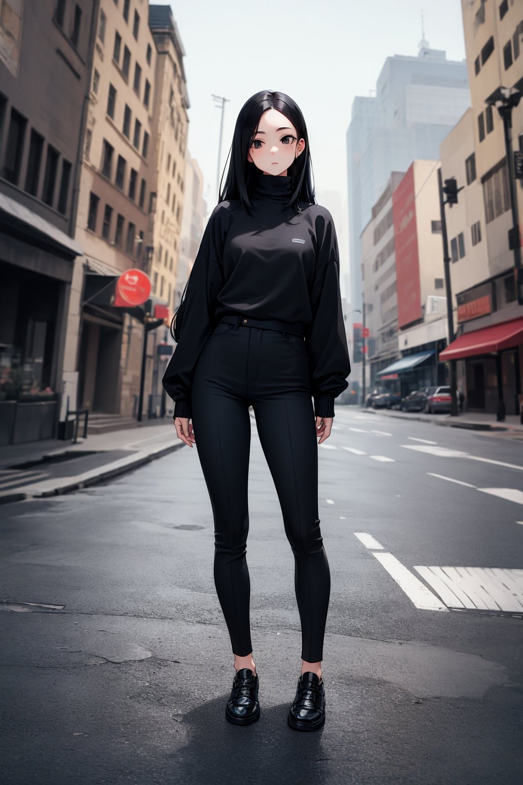 masterpiece, best quality, 1girl, black hair, long hair, straight hair, forehead, black eyes, turtleneck sweater, pants, shoes, standing, outside, [fisheye lens:: 1]