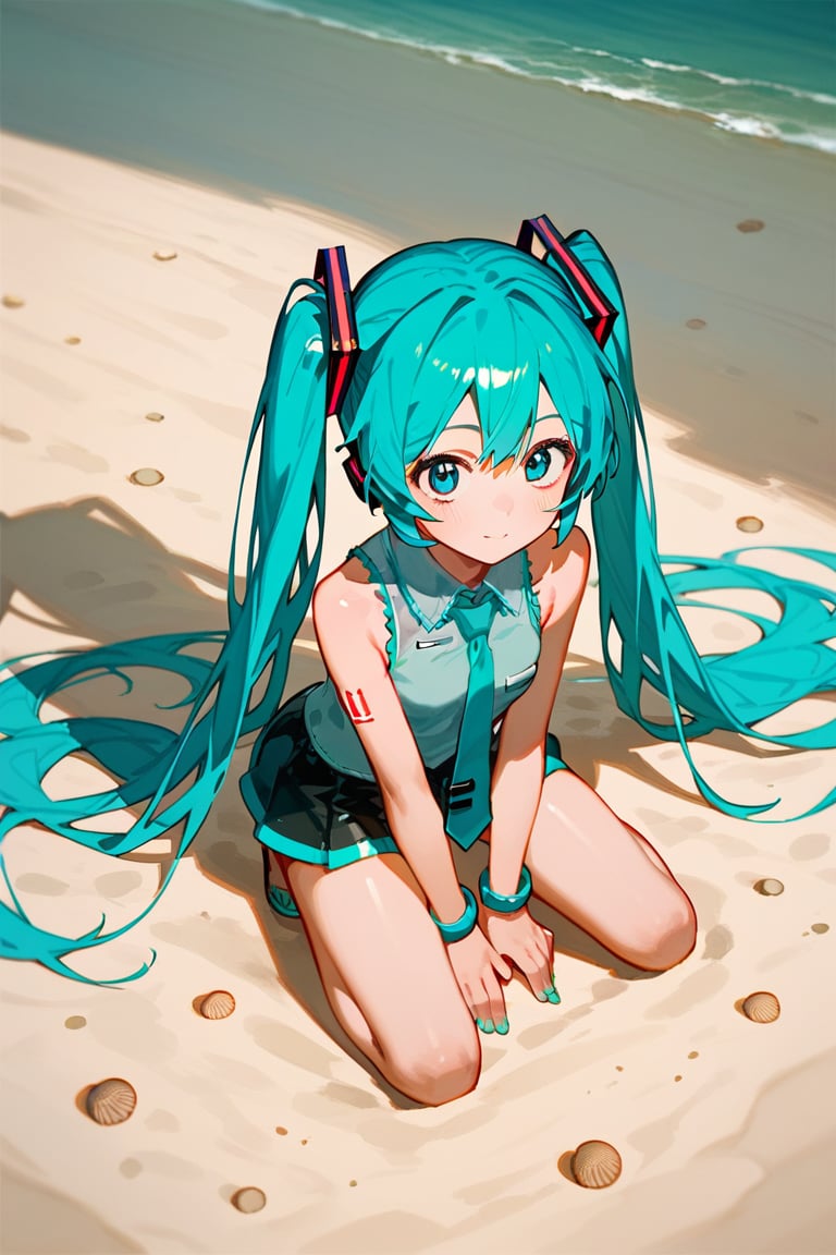 (score_9,score_8_up,score_7_up), anime, 1girl, hatsune miku, kneeling down, outdoors, sand sea, from above