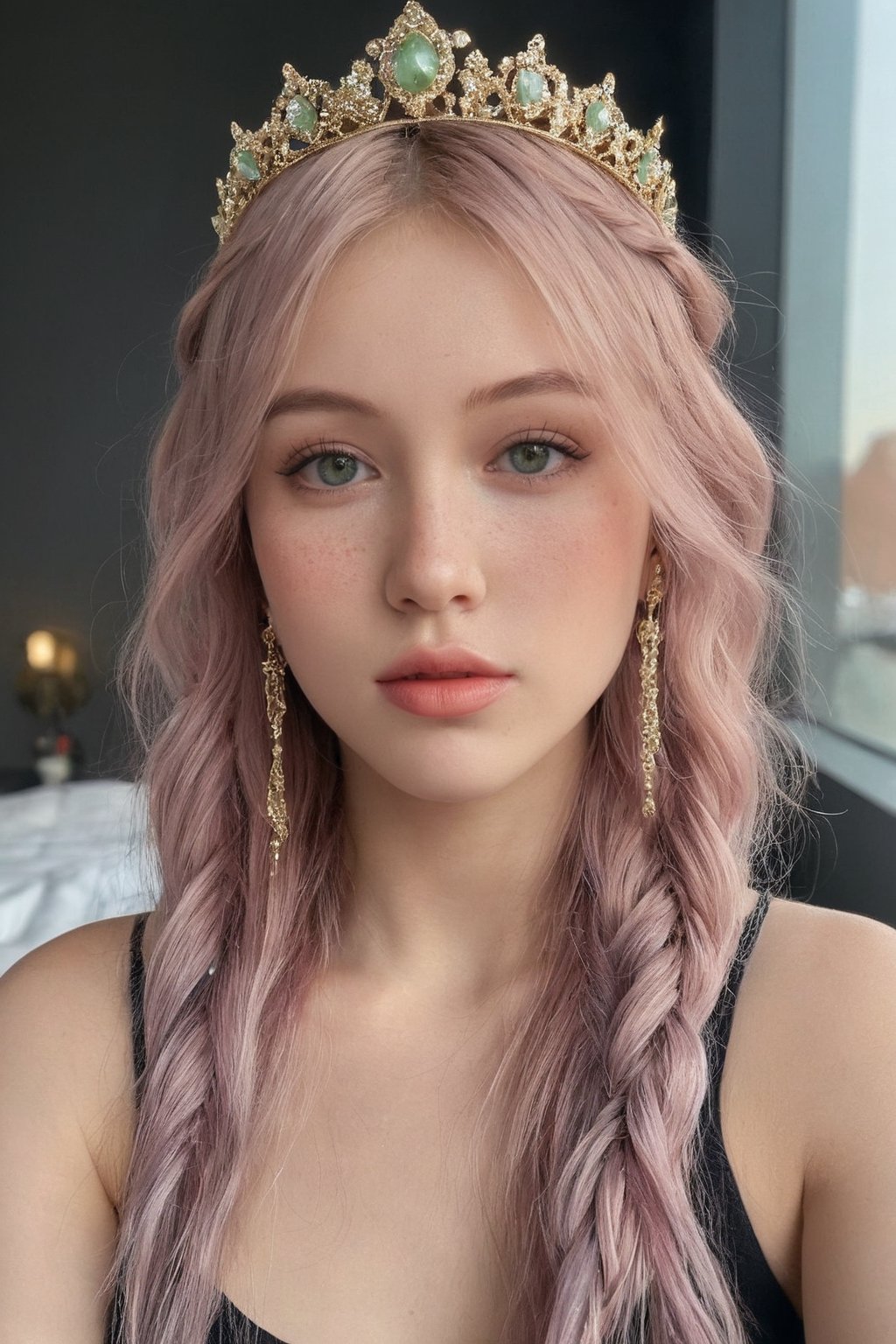 (ultra realistic,best quality),photorealistic,Extremely Realistic, in depth, cinematic light,hubggirl,

(masterpiece, best quality), High detailed, picture perfect face, blush, freckles, beautiful face, supermodel, colorful, (light green hair,multicolored hair), long hair,braids, side bun, golden tiara,perfectly textured skin,blue eyes,iridescent eyes, (perfect female body), (thic lips, broad lips), alluring, charming, beautiful, cute, tomboy, lipgloss, makeup,gold and gem earrings,Black top,thin fabric,