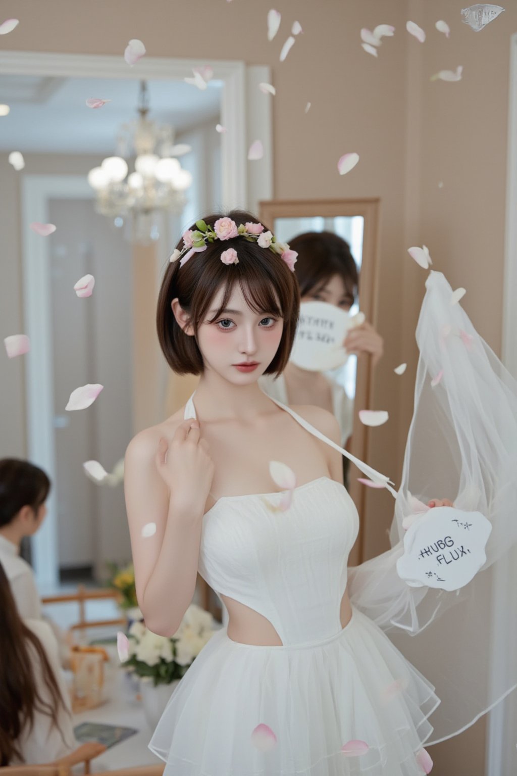 A Wong Kar Wai style movie masterpiece. A young woman Holding up a sign that says, "HUBG FLUX." wearing a flower wreath stands confidently in front of a mirror, She dons a flowing white wedding dress with halter neckline and deep V-neckline, its sheer fabric catching the soft light. Her dark hair, styled in a bob with bangs, frames her serious expression as she meets the camera's gaze. The room behind her is blurred, but a chandelier hangs from the ceiling, adding to the elegant and romantic ambiance.Her petite figure is framed in the floating petals. The wide-angle lens captures the scene at a color temperature of 3200K, and the quality of the raw photo is breathtaking.