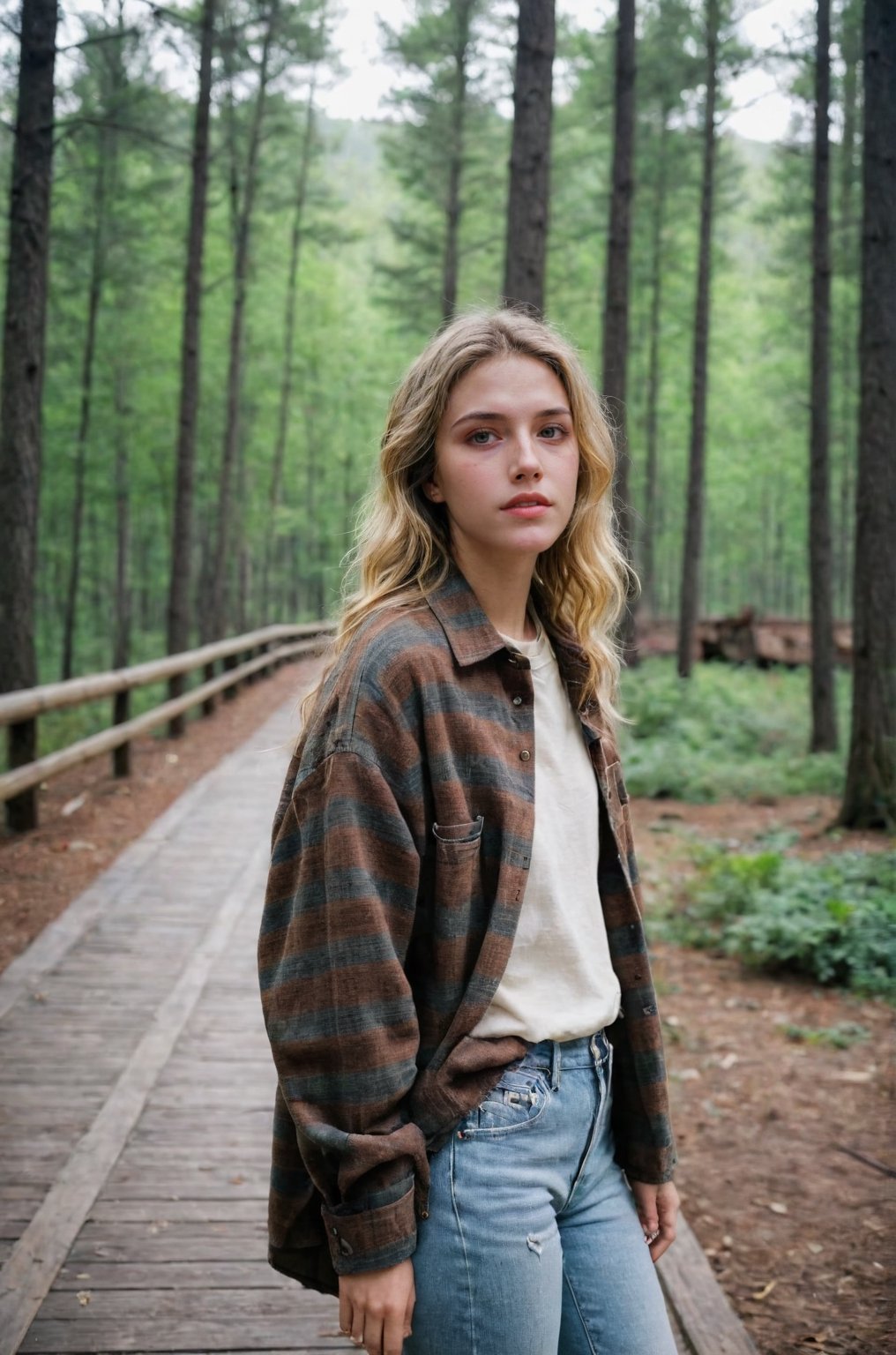 photograph of a woman, (baffled facial expression), textured skin, goosebumps, dirty blonde half-up half-down hair, oversized flannel shirt with ripped skinny jeans and combat boots, portrait, peaceful canopy walkway high above the forest floor offering a unique perspective on nature, perfect eyes, (chiaroscuro), Velvia 100 color, shot on Ilford HP5 Plus, bokeh, sharp focus on subject, shot by David Lachapelle