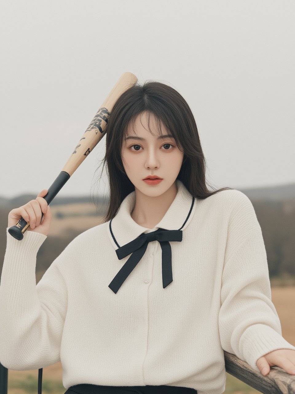 photorealistic,portrait of hubggirl, Stylish schoolgirl pose with a baseball bat, exuding confidence and sportiness. 