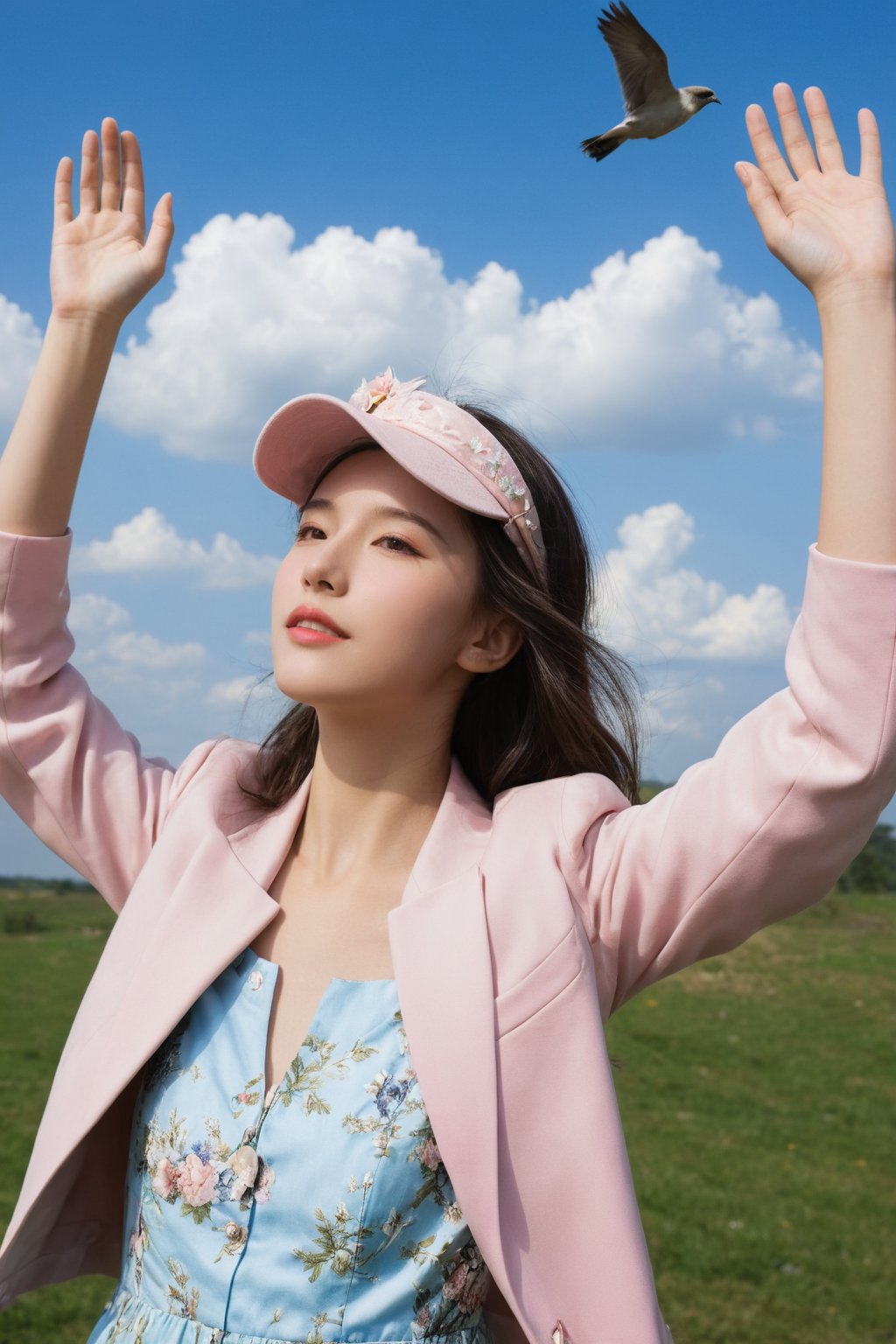 photorealistic,Extremely Realistic,in depth,cinematic light,hubggirl,

BREAK 
A young woman with tousled hair, wearing a pink jacket and a light blue floral dress. She is seen in a joyful pose, lifting her arms and adjusting a pink visor over her eyes. The backdrop is a vast sky with fluffy white clouds and three birds in flight. The overall mood of the image is one of freedom and carefreeness,

BREAK 
perfect hands, perfect lighting, vibrant colors, intricate details, high detailed skin, intricate background, 
realistic, raw, analog, taken by Canon EOS,SIGMA Art Lens 35mm F1.4,ISO 200 Shutter Speed 2000,Vivid picture,More Reasonable Details