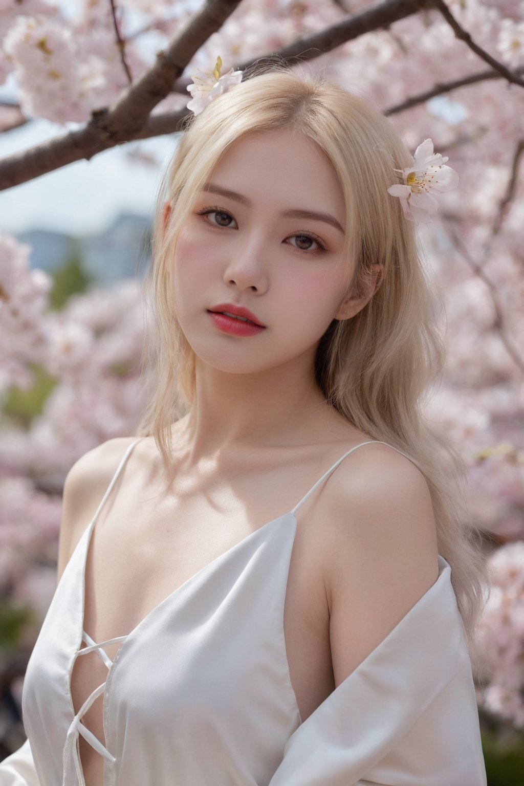 (ultra realistic,best quality),photorealistic,Extremely Realistic, in depth, cinematic light,portrait of a beautiful 21yo hubggirl, luminism, golden lines,extreme detailed, 
Ivory hair and eyes, twintails, contemptuous, leaning, sakura blossom, upper body, 
Amidst cherry blossoms, portraits capture exquisite beauty, resembling scenes from high-definition films. Each detail, from delicate petals to ethereal light, exudes cinematic perfection, painting a portrait of sublime elegance.