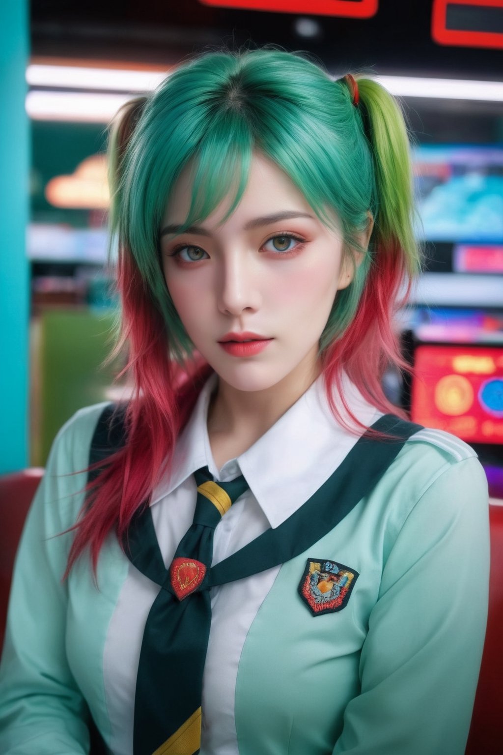  photorealistic,portrait of hubggirl, (ultra realistic,best quality),photorealistic,Extremely Realistic, in depth, cinematic light, 1girl, solo, looking at viewer, red and cyan theme, sexy pose, (light green hair,multicolored hair), full body shot, school uniform, perfect lighting, vibrant colors, intricate details, high detailed skin, pale skin, intricate background,hubggirl