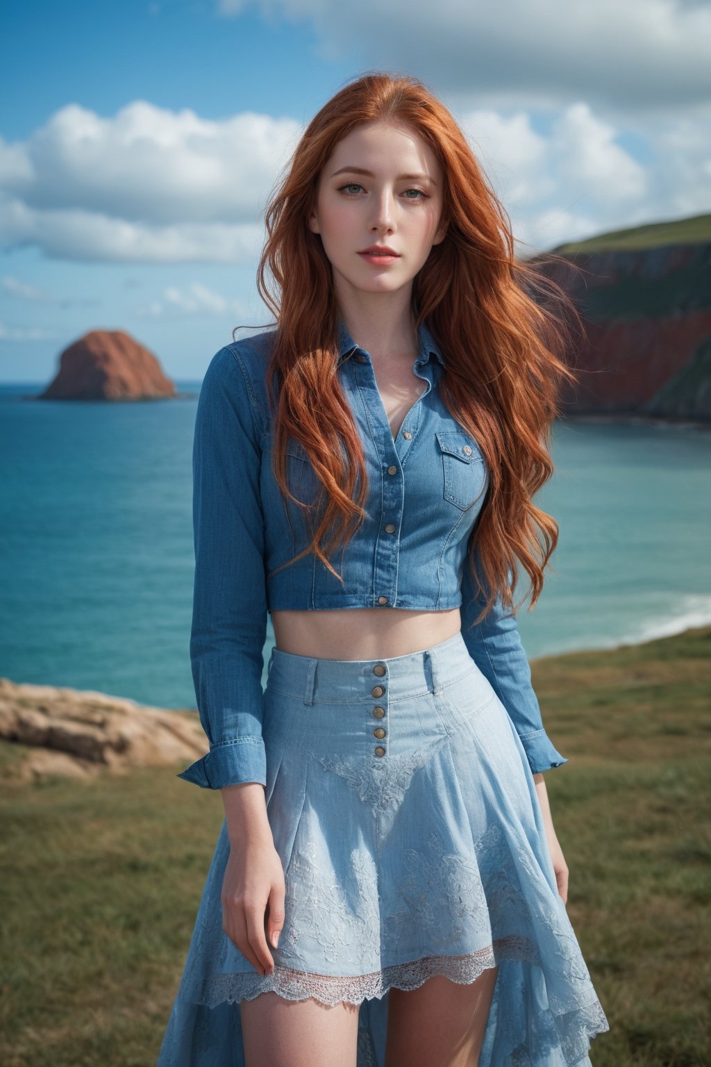  photorealistic,portrait of hubggirl, 
(ultra realistic,best quality),photorealistic,Extremely Realistic, in depth, cinematic light,

1girl,(long red hair:1.4),outdoors,(front:1.3),(standing:1.3),seaside,cloudy sky,High-low skirt,(cowboy_shot:1.2),navelwavy hair, 

perfect lighting, vibrant colors, intricate details, high detailed skin, pale skin, intricate background, realism,realistic,raw,analog,portrait,photorealistic, taken by Canon EOS,SIGMA Art Lens 35mm F1.4,ISO 200 Shutter Speed 2000,Vivid picture,