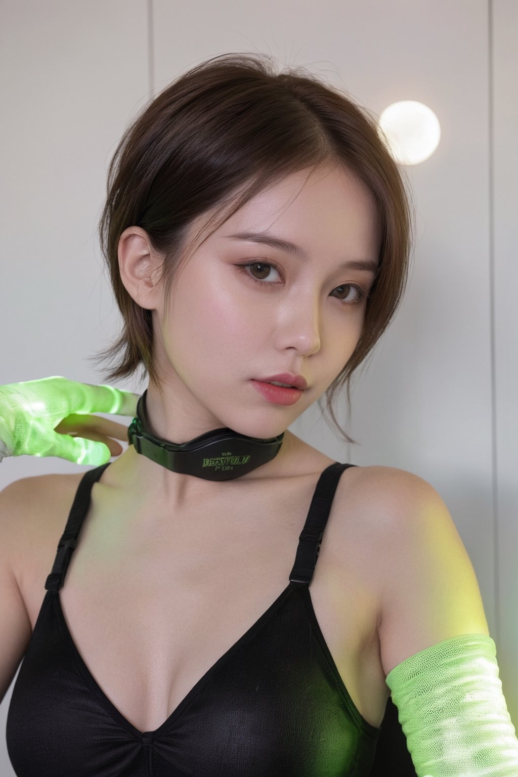 (ultra realistic,best quality),photorealistic,Extremely Realistic, in depth, cinematic light,portrait of a beautiful hubggirl, luminism, golden lines,
beautiful 21yo girl, extreme detailed, bodysuit, gloves, belt, respirator, looking at viewer,
green gaming theme, glowing effects, short hair, green, Neon collars, neon headphones, poisonous green:1.2, perfect lighting, vibrant colors, intricate details, high detailed skin, pale skin