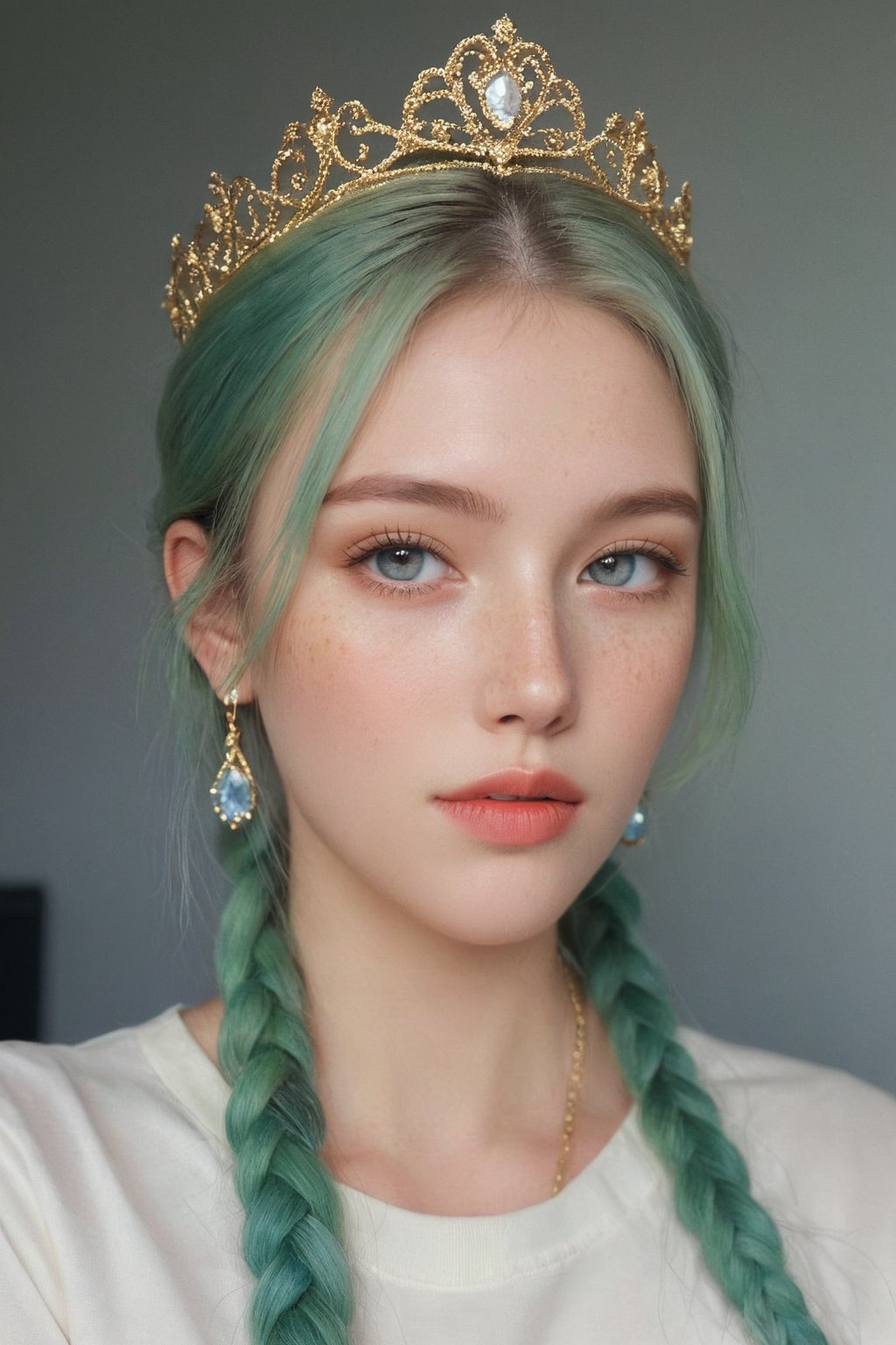 (ultra realistic,best quality),photorealistic,Extremely Realistic, in depth, cinematic light,hubggirl,

(masterpiece, best quality), High detailed, picture perfect face, blush, freckles, beautiful face, supermodel, colorful, (light green hair,multicolored hair), long hair,braids, side bun, golden tiara,perfectly textured skin,blue eyes,iridescent eyes, (perfect female body), (thic lips, broad lips), alluring, charming, beautiful, cute, tomboy, lipgloss, makeup,gold and gem earrings,Black top,thin fabric,