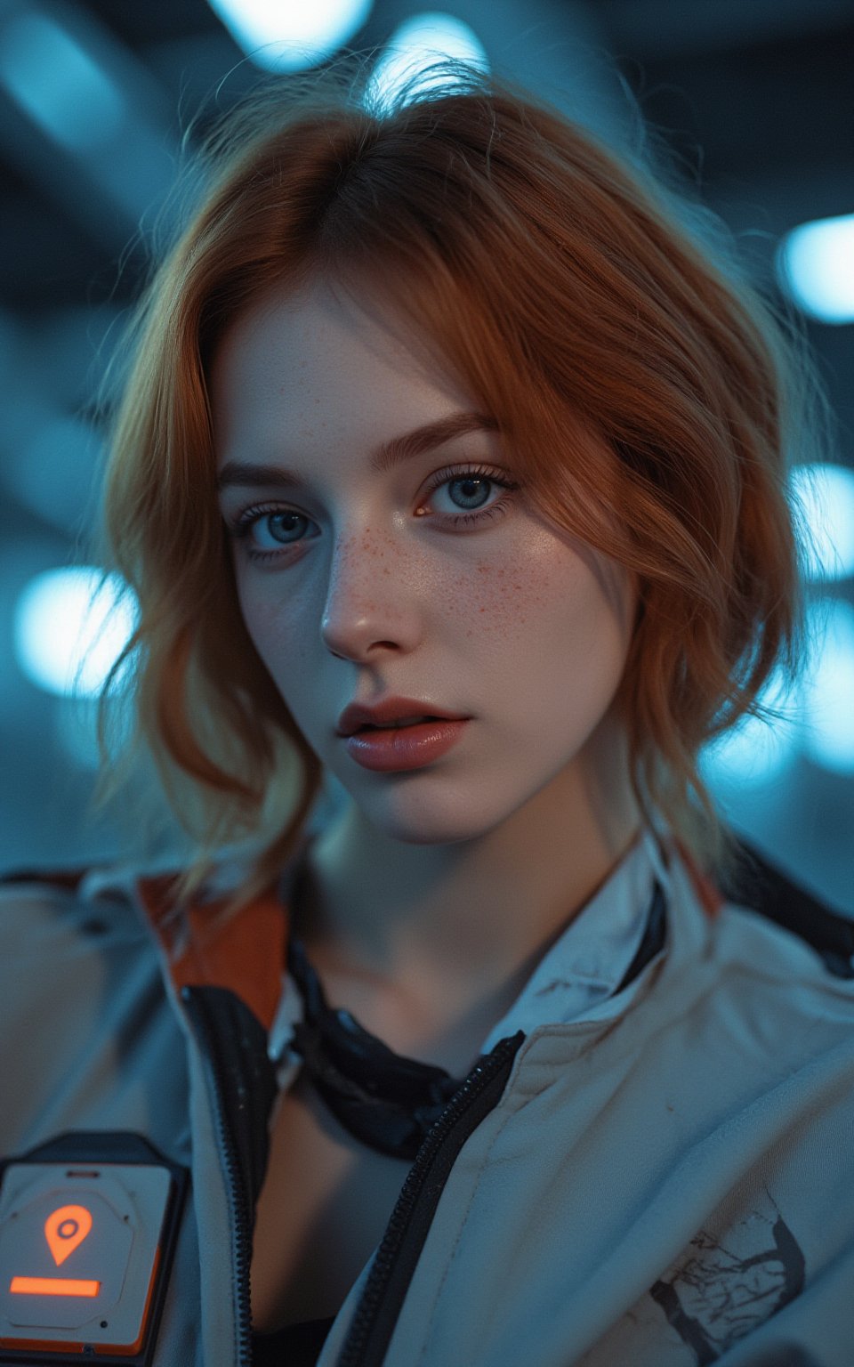 (ultra realistic,best quality),photorealistic,Extremely Realistic,in depth,cinematic light,hubggirl, BREAK photo of a ginger woman, in space, futuristic space suit, (freckles:0.8) cute face, sci-fi, dystopian, detailed eyes, blue eyes, BREAK dynamic poses, particle effects, perfect hands, perfect lighting, vibrant colors, intricate details, high detailed skin, intricate background, realistic, raw, analog, taken by Sony Alpha 7R IV, Zeiss Otus 85mm F1.4, ISO 100 Shutter Speed 1/400, Vivid picture, More Reasonable Details