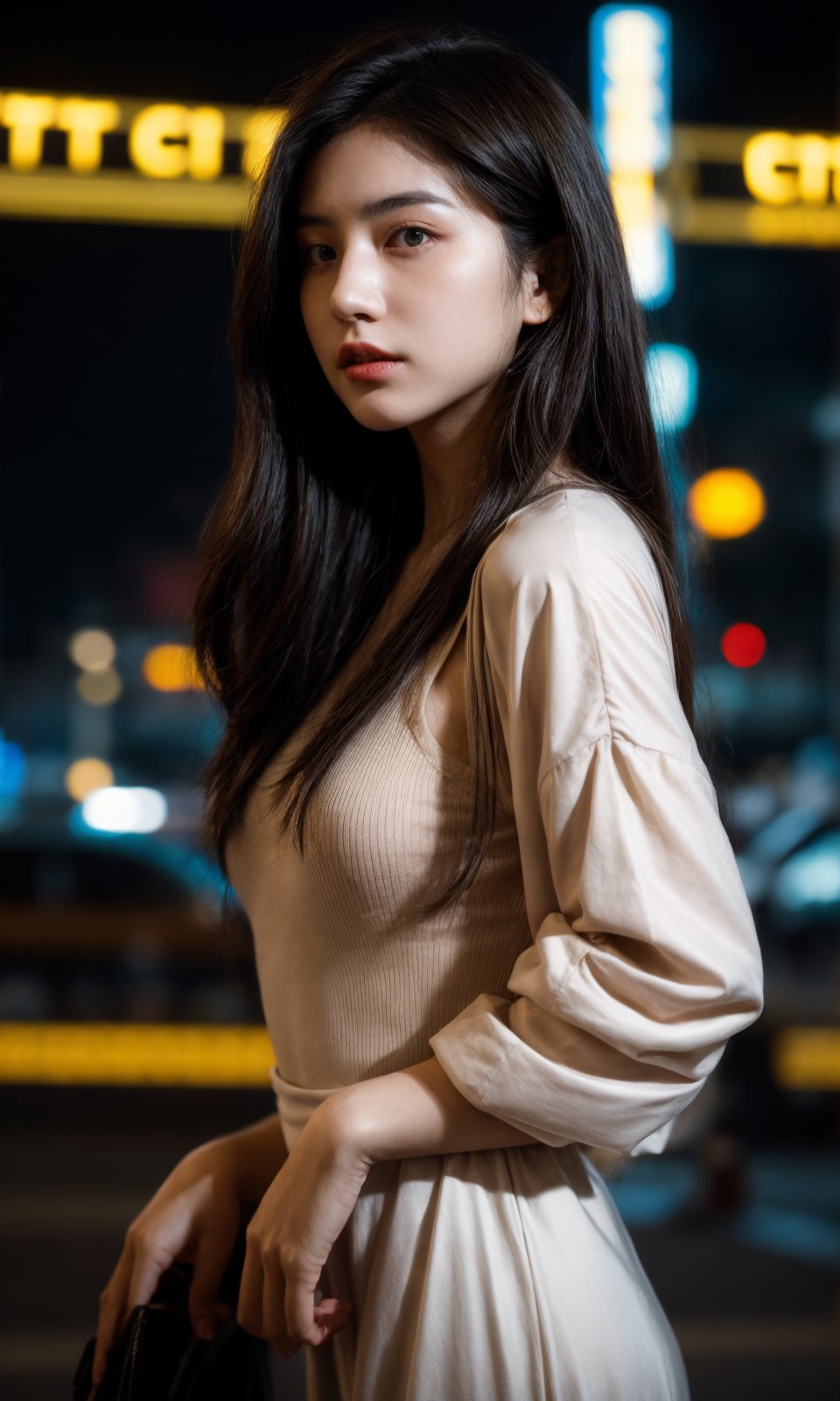 hubggirl,(Cinematic Aesthetic:1.4) Photo of a beautiful korean fashion model bokeh city night,,