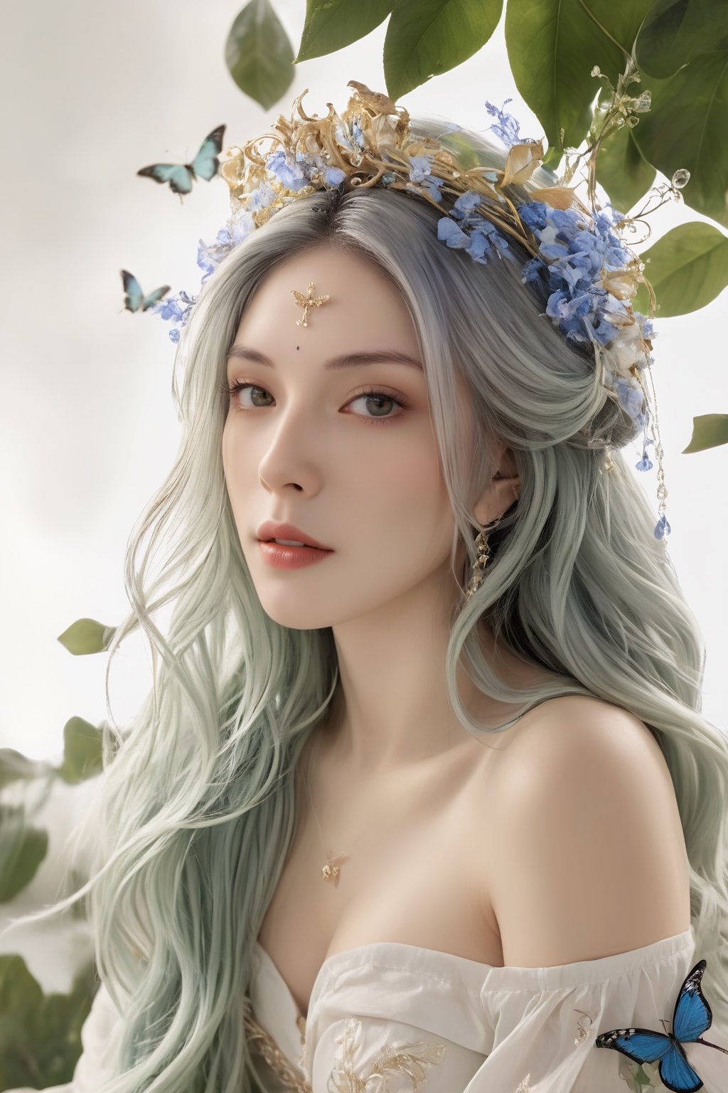 (ultra realistic,best quality),photorealistic,Extremely Realistic, in depth, cinematic light,hubggirl,
porcelain skin, baroque, long swirling green hair, lavish green leaves, falling blue flowers, celestial lighting, butterflies, tree branches, sky, golden glowing, water drops,

perfect lighting, vibrant colors, intricate details,
high detailed skin, pale skin,
intricate background, realism,realistic,raw,analog,portrait,photorealistic,
taken by Canon EOS,SIGMA Art Lens 35mm F1.4,ISO 200 Shutter Speed 2000,Vivid picture