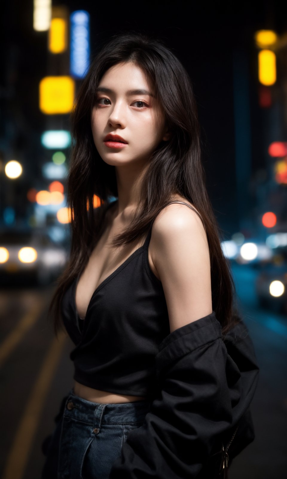 hubggirl,(Cinematic Aesthetic:1.4) Photo of a beautiful korean fashion model bokeh city night,,