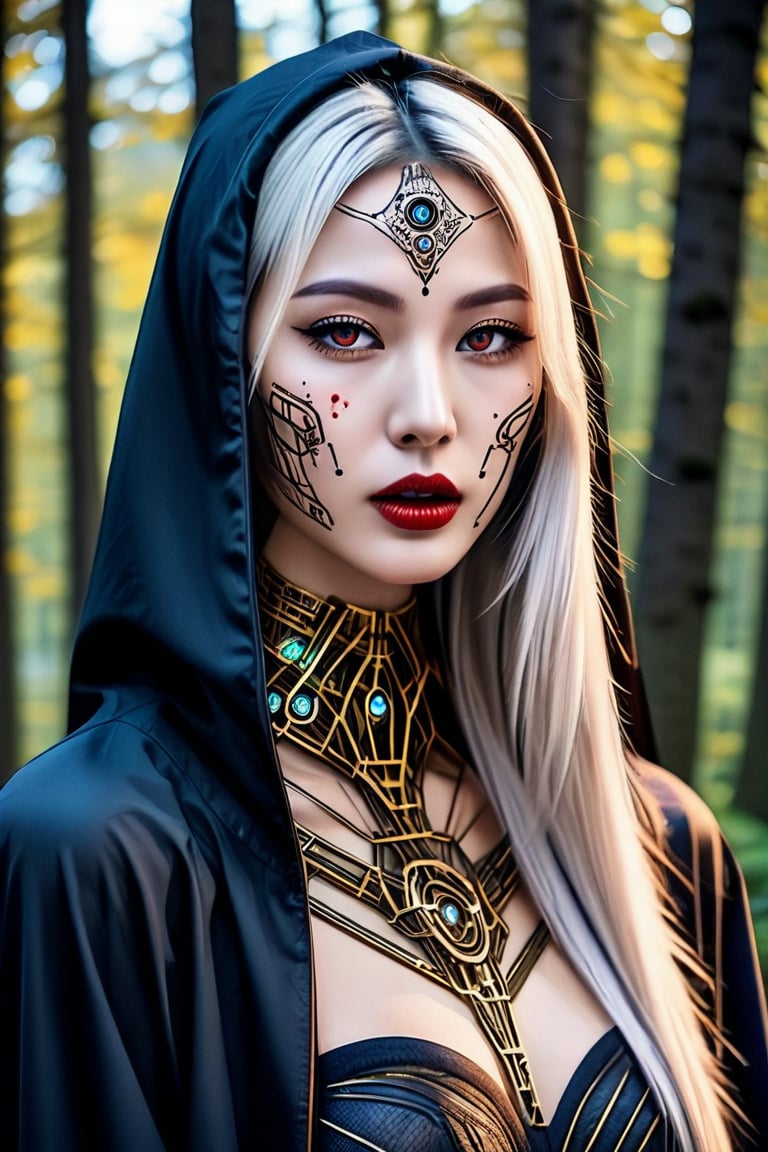 Cyberpunk priestess, pale face with intricate circuitry tattoos. Glowing red eyes, black lips. Ornate golden hood, dark robe. Mechanical neck and chest visible. Eerie forest background. Hyper-detailed, dramatic lighting, digital art style. Gothic and futuristic blend