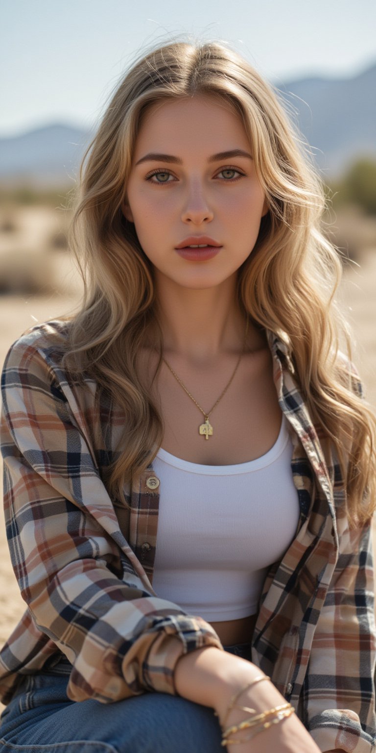 ashion catalog style,beautiful girl,fashion model, blonde hair(very long hair, curly_hair),wearing checked shirt and blue jeans,accessories(necklace,ear_rings,sunglasses),sitting in a desert,Best Quality, 32k, photorealistic, ultra-detailed, finely detailed, high resolution, perfect dynamic composition, beautiful detailed eyes, sharp-focus, cowboy_shot,