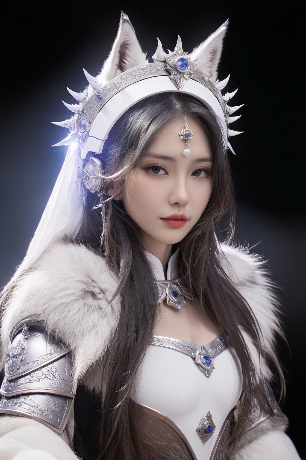 (ultra realistic,best quality),photorealistic,Extremely Realistic, in depth, cinematic light,hubggirl, beauty face,

HUBG_Mecha_Armor, official art, full body, (Extremely beautiful hubggirl, crown (headgear):1.5), Wolf_girl, Moon.solo, hanfu, Majestic. Solemn, white wolf's head at the shoulders, wolf's ears, (white medieval byzantine theme), cowboy shot, (alive skin),

intricate background, realism,realistic,raw,analog,portrait,photorealistic,