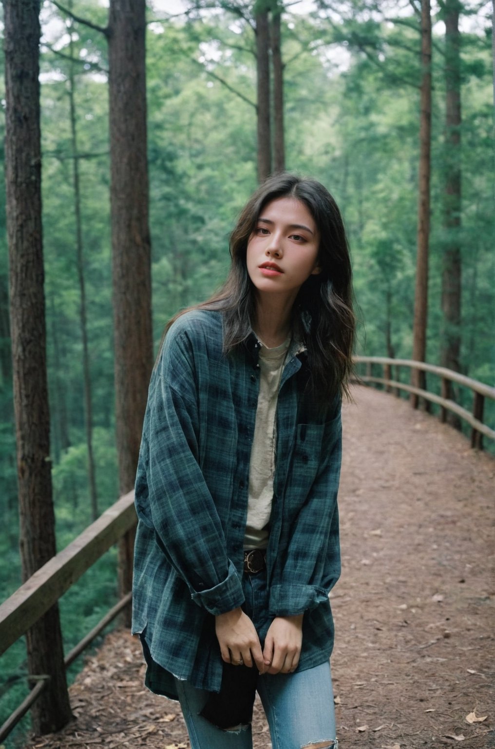 photograph of a woman, (baffled facial expression), textured skin, goosebumps, dirty black half-up half-down hair, oversized flannel shirt with ripped skinny jeans and combat boots, portrait, peaceful canopy walkway high above the forest floor offering a unique perspective on nature, perfect eyes, (chiaroscuro), Velvia 100 color, shot on Ilford HP5 Plus, bokeh, sharp focus on subject, shot by David Lachapelle