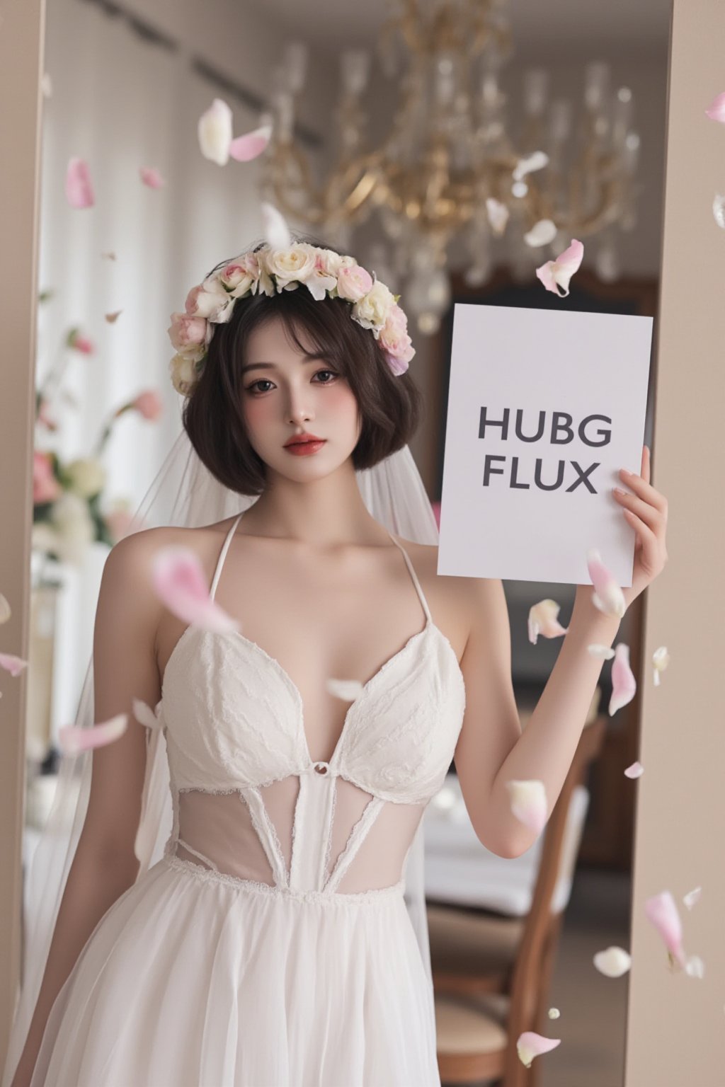 A Wong Kar Wai style movie masterpiece. A young woman Holding up a sign that says, "HUBG FLUX." wearing a flower wreath stands confidently in front of a mirror, She dons a flowing white wedding dress with halter neckline and deep V-neckline, its sheer fabric catching the soft light. Her dark hair, styled in a bob with bangs, frames her serious expression as she meets the camera's gaze. The room behind her is blurred, but a chandelier hangs from the ceiling, adding to the elegant and romantic ambiance.Her petite figure is framed in the floating petals. The wide-angle lens captures the scene at a color temperature of 3200K, and the quality of the raw photo is breathtaking.