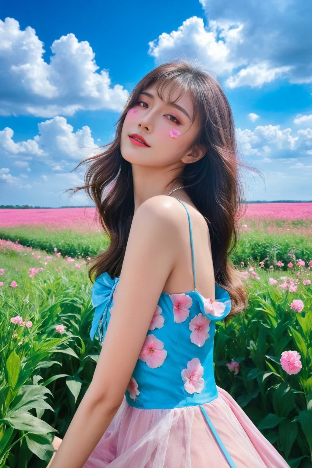 hubggirl,
flowing hair cascading down her back, her bangs framing her face delicately. She stands amidst a lush field, wearing a sleeveless dress that bares her shoulders, adorned with vibrant pink hues reminiscent of blooming flowers. With her gaze fixed upon the viewer, she radiates elegance and charm under the vast blue sky dotted with fluffy clouds.