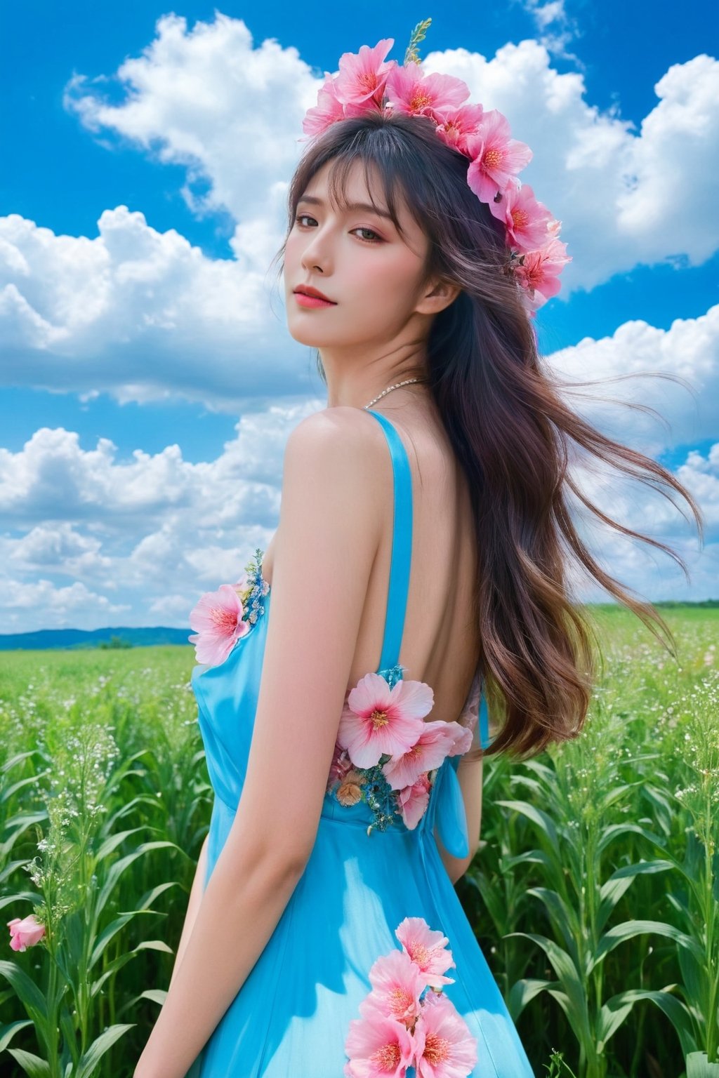 hubggirl,
flowing hair cascading down her back, her bangs framing her face delicately. She stands amidst a lush field, wearing a sleeveless dress that bares her shoulders, adorned with vibrant pink hues reminiscent of blooming flowers. With her gaze fixed upon the viewer, she radiates elegance and charm under the vast blue sky dotted with fluffy clouds.