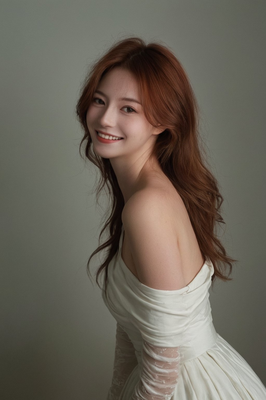  ultra wide field, ultra dynamic lighting amazing shadows, Deep photo,depth of field,shadows,
hubggirl, messy hair,smile:0.8,grainy,dimly lit,red hair,white backless_dress,