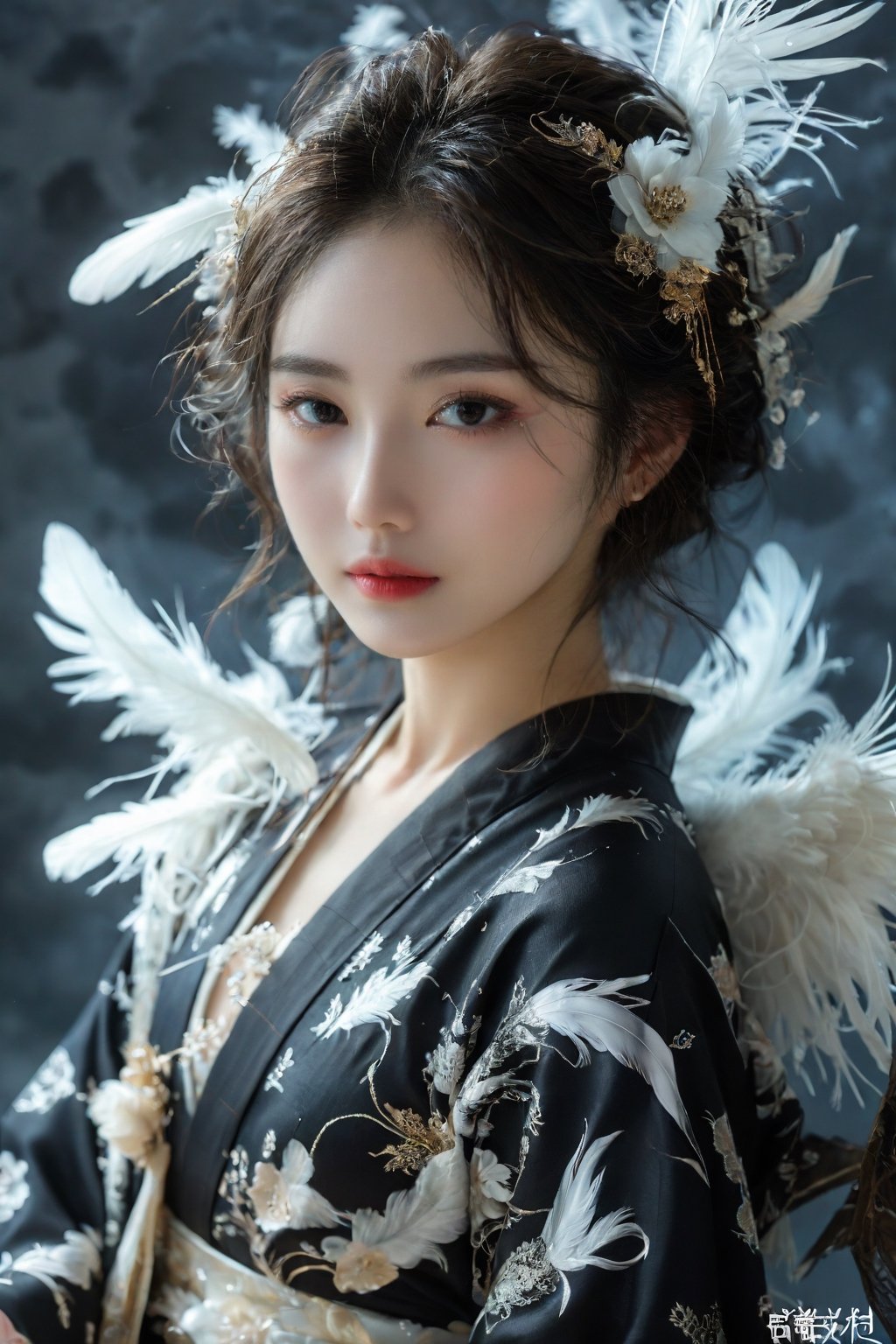 award-winning photography, (full body shot):1.5, hyperrealistic, personification of black rose as a stunning beautiful angel, wings, an 17-years-old ethereal gorgeous japanese idol, black kimono furisode, falling feather, flying feather, ethereal glamorous beautiful face, porcelain skin, detailed face, perfect v-shaped face, prominent facial features, sparkling almond eyes, black eye pupils, intricate eye makeup, (smiles captatively):1.45, attractive body, perfect model body, Rembrandt lighting, japanese art,hubggirl