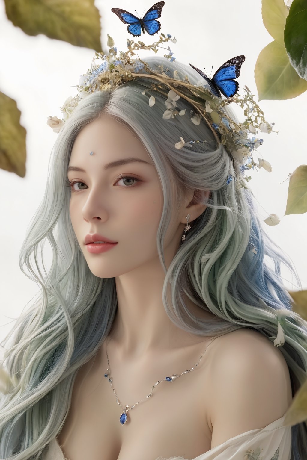 (ultra realistic,best quality),photorealistic,Extremely Realistic, in depth, cinematic light,hubggirl,
porcelain skin, baroque, long swirling green hair, lavish green leaves, falling blue flowers, celestial lighting, butterflies, tree branches, sky, golden glowing, water drops,

perfect lighting, vibrant colors, intricate details,
high detailed skin, pale skin,
intricate background, realism,realistic,raw,analog,portrait,photorealistic,
taken by Canon EOS,SIGMA Art Lens 35mm F1.4,ISO 200 Shutter Speed 2000,Vivid picture