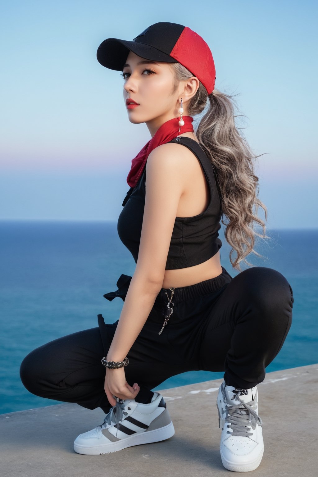 Masterpiece, details, super high quality, super high definition, 16k, hubggirl,
French girl,grey blonde hair(very long hair, curly_hair),long ponytail,hiphop dancer,wearing all black clothes (loose fit top and wide cargo pants),sneakers,accessories(necklace,ear_rings)baseball cap, sitting at sea bank,horizon,seaside,vivid sea color,red lighthouse,sunset,Best Quality, 32k, photorealistic, ultra-detailed, finely detailed, high resolution, perfect dynamic composition, beautiful detailed eyes, sharp-focus, cowboy_shot, nsfw,