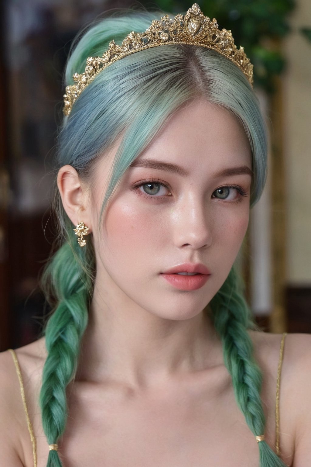 (ultra realistic,best quality),photorealistic,Extremely Realistic, in depth, cinematic light,hubggirl,

(masterpiece, best quality), High detailed, picture perfect face, blush, freckles, beautiful face, supermodel, colorful, (light green hair,multicolored hair), long hair,braids, side bun, golden tiara,perfectly textured skin,blue eyes,iridescent eyes, (perfect female body), (thic lips, broad lips), alluring, charming, beautiful, cute, tomboy, lipgloss, makeup,gold and gem earrings,Black top,thin fabric,