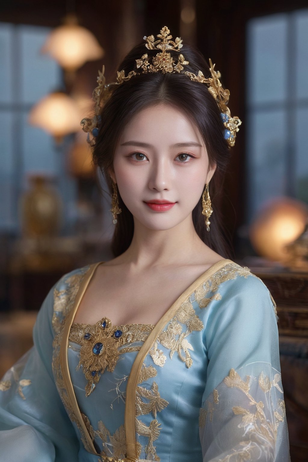 (ultra realistic,best quality),photorealistic,Extremely Realistic, in depth, cinematic light,hubgwomen,hubg_beauty_girl,

HUBG_Rococo_Style(loanword), 1girl, hanfu, Portrait of noble and graceful goddess, dressed in blue and gold, elaborate coiffure hairstyle, dark hair, decoration, 16K, UHD, HDR, Brilliant scene with bright lights, mist, numerous decorations, joyful atmosphere, light smile,HDR, IMAX, 8K resolutions, ultra resolutions, magnificent, best quality, masterpiece,cinematic scenes, cinematic shots, cinematic lighting, volumetric lighting, ultra-detailed,HUBGGIRL