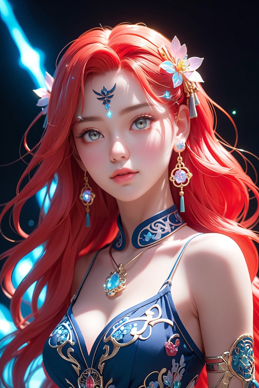 best quality, 4K, masterpiece, 8K, 1 girl, solo, alone, ultra quality, sfw, perfect hands, detailed, very detailed, perfect head, perfect light, perfect eyes, 30 years old, goddess, red hair color, sparkling hair, very long hair, lot of tiny crystals on hair, ribbons, hair ribbons, gray eyes, crystallized closed chinese dress, big magic necklace, earrings, huge breasts, huge tits, glowing aura, looking at viewer, standing, crystal town, more detail XL, glitter, shiny, full body, full subject in shot