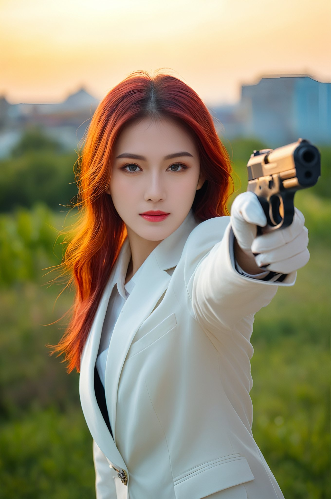 (ultra realistic,best quality),photorealistic,Extremely Realistic,in depth,cinematic light,hubggirl, 

BREAK 
pretty special agent woman aiming with pistol, dyed hair, sunset,dual pistols,

BREAK 
dynamic poses, particle effects, perfect hands, perfect lighting, vibrant colors, intricate details, high detailed skin, intricate background, realistic, raw, analog, taken by Sony Alpha 7R IV, Zeiss Otus 85mm F1.4, ISO 100 Shutter Speed 1/400, Vivid picture, More Reasonable Details,