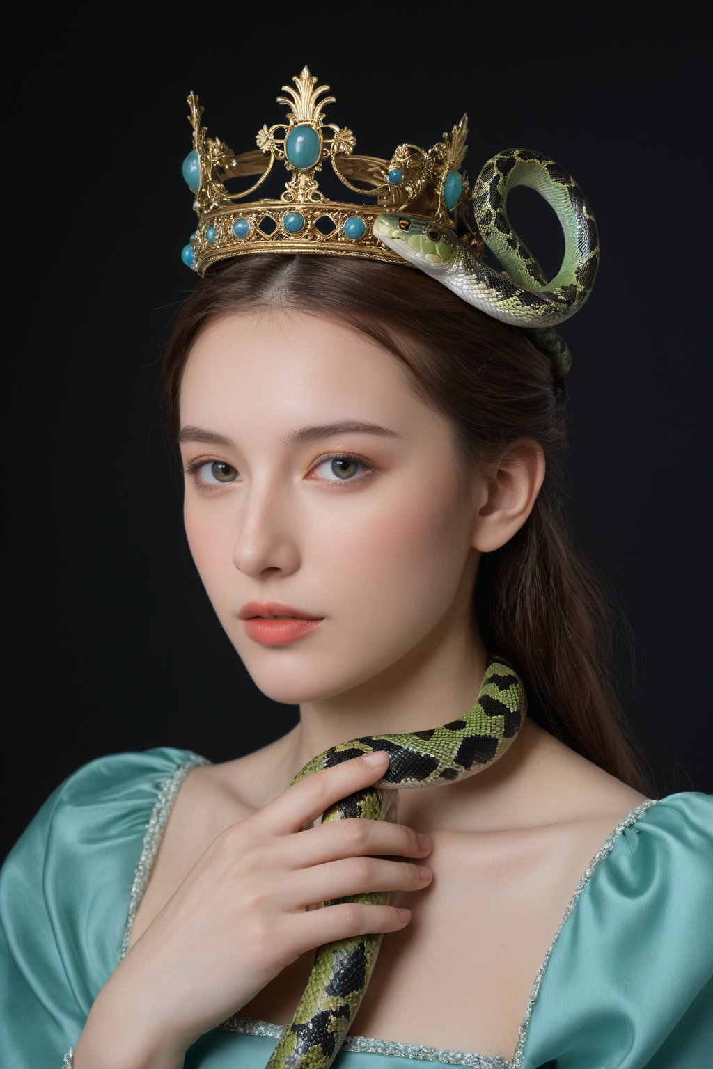 photorealistic,Extremely Realistic,in depth,cinematic light,hubggirl,

BREAK 
arafed woman in a light green blue dress and a snake with a crown on her head, inspired by Lucas Cranach the Elder, inspired by Agnolo Bronzino, inspired by Dino Valls, inspired by Hendrik Goltzius, inspired by Parmigianino, inspired by Sofonisba Anguissola, inspired by Lucas Cranach the Younger,

BREAK 
perfect hands, perfect lighting, vibrant colors, intricate details, high detailed skin, intricate background, 
realistic, raw, analog, taken by Canon EOS,SIGMA Art Lens 35mm F1.4,ISO 200 Shutter Speed 2000,Vivid picture,More Reasonable Details